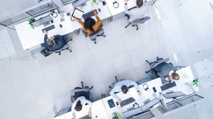 ne vue aérienne montre six employés de bureau dans un bureau moderne et lumineux. Chaque personne a un à deux écrans devant elle et est assise sur des chaises de bureau à roulettes.