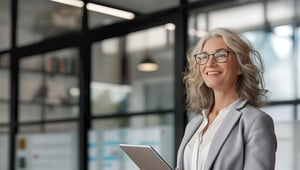 Une femme professionnelle aux cheveux blancs et portant des lunettes, vêtue d'un costume gris, tient une tablette et sourit pensivement au loin, exprimant confiance et accessibilité.